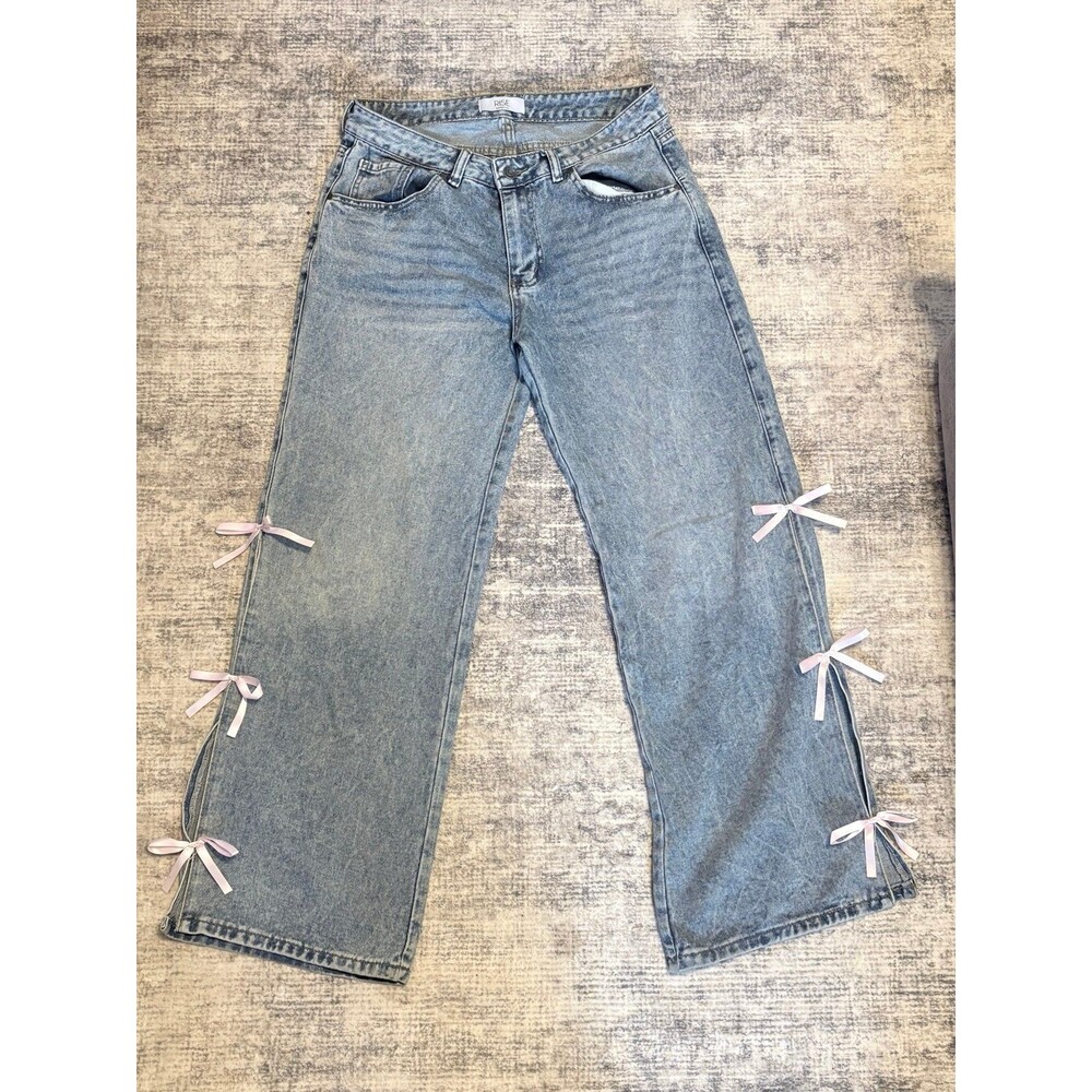 Rise Supply Co Wide Leg Medium wash cotton jeans with pink bow detail size 11